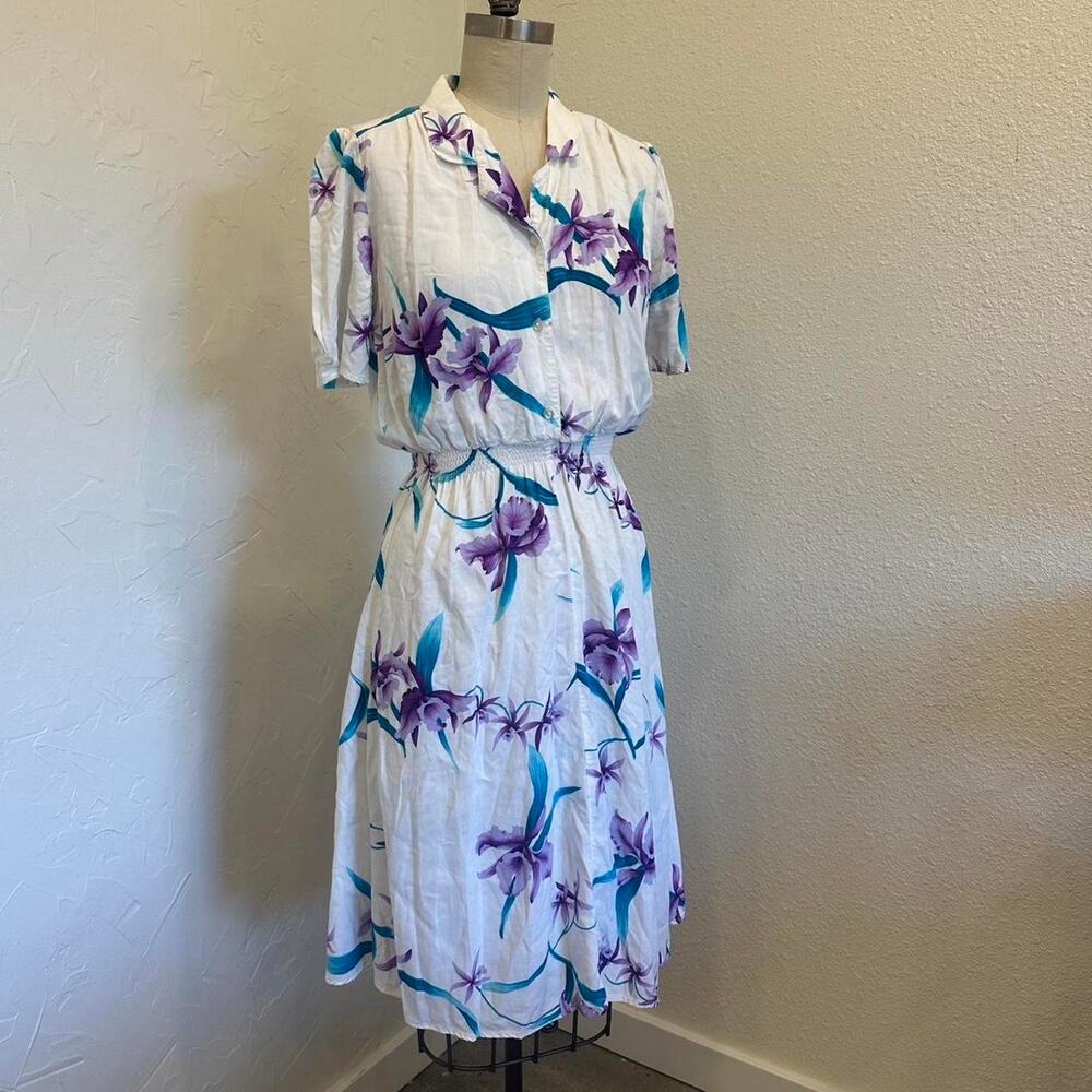 Laine USA Women’s 9/10 Dress White Purple Floral Midi Dress Vintage